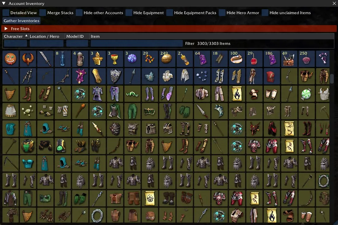 Account Inventory window showing the toolbar, Free Slots header, filter row and item grid