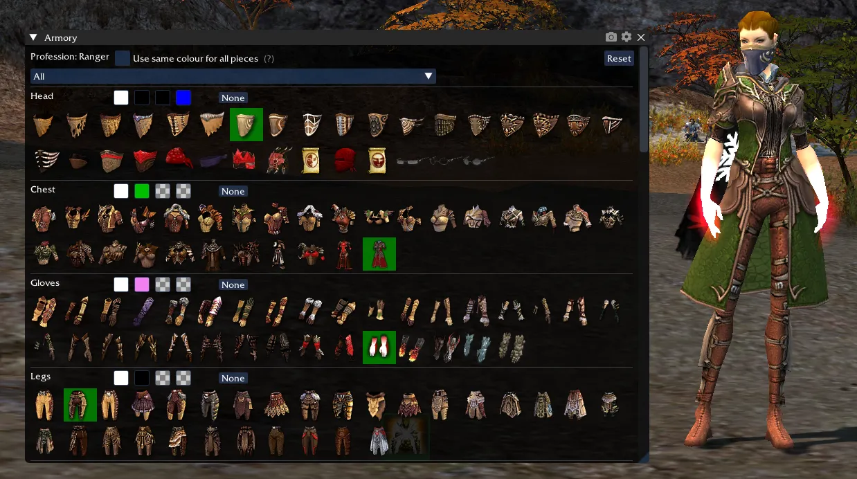 Armory window showing per-slot armor previews and a live character preview