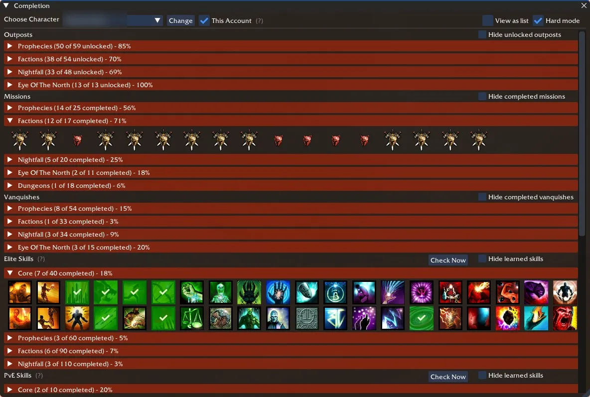 Completion window showing outposts, missions, vanquishes and elite skill progress for a character