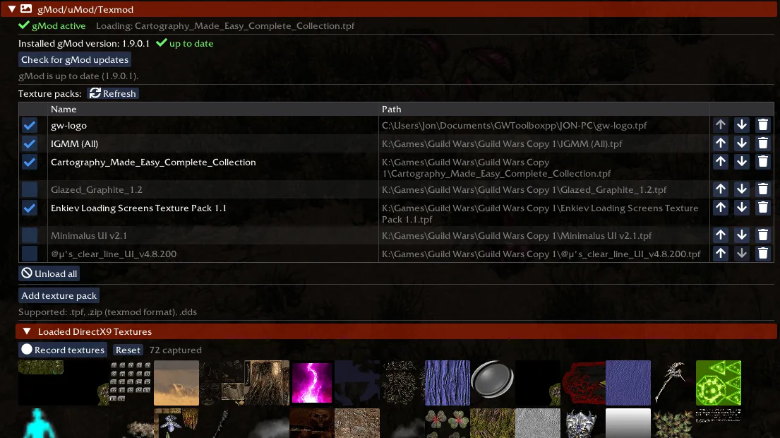 The gMod/uMod/Texmod settings panel: the gMod active status and version row, the texture pack list with load-order and remove controls, and the expanded Loaded DirectX9 Textures capture gallery