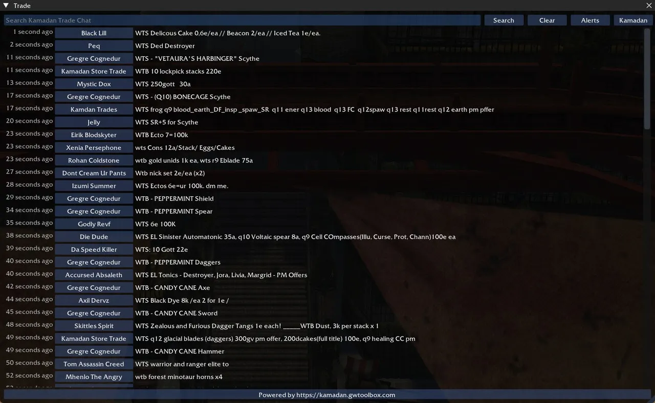 Trade window showing a live feed of Kamadan trade chat with timestamps, sender names and messages
