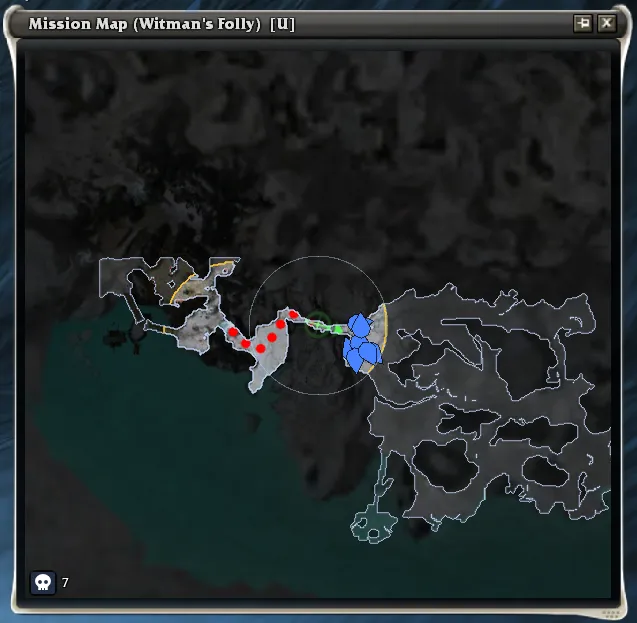 Mission map of Witman's Folly with the Vanquish Overlay enabled, showing fog of unexplored area, frontier edge, compass range circle and blue/orange enemy markers