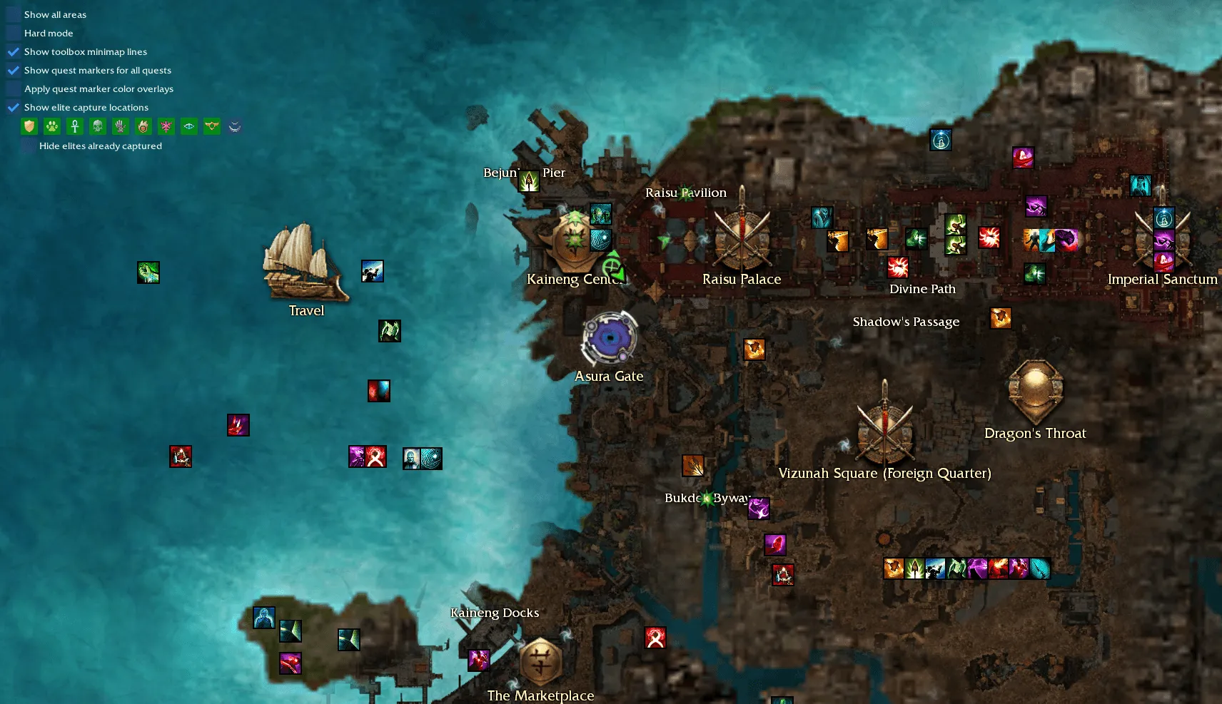 World map of Cantha with the toolbox controls panel in the top-left and quest/elite-capture markers overlaid